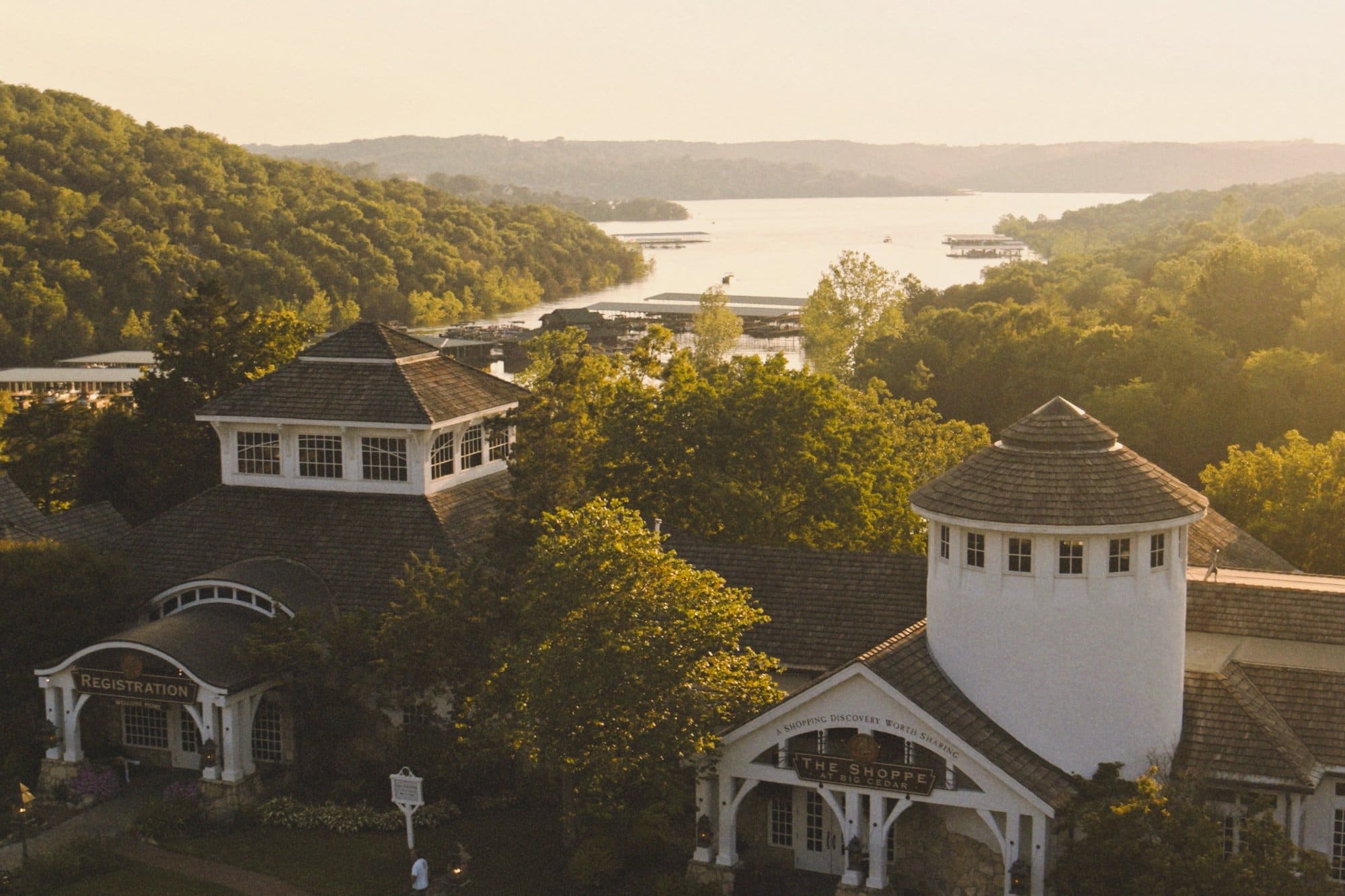 Golden-hour view over Big Cedar Lodge and the lake