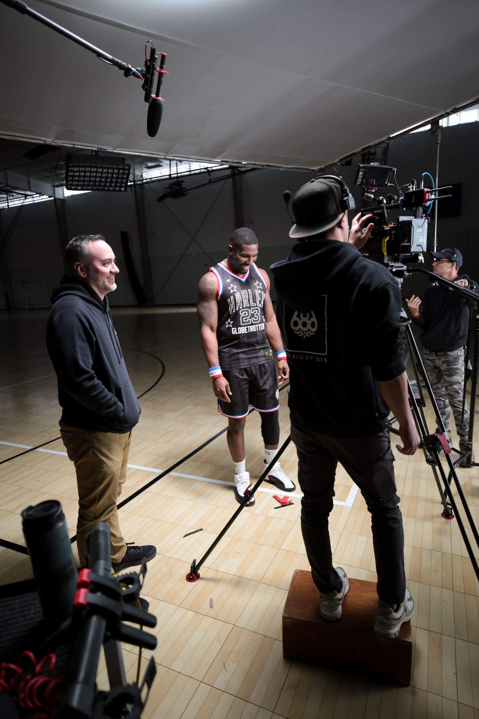 Directing a Globetrotters player between takes