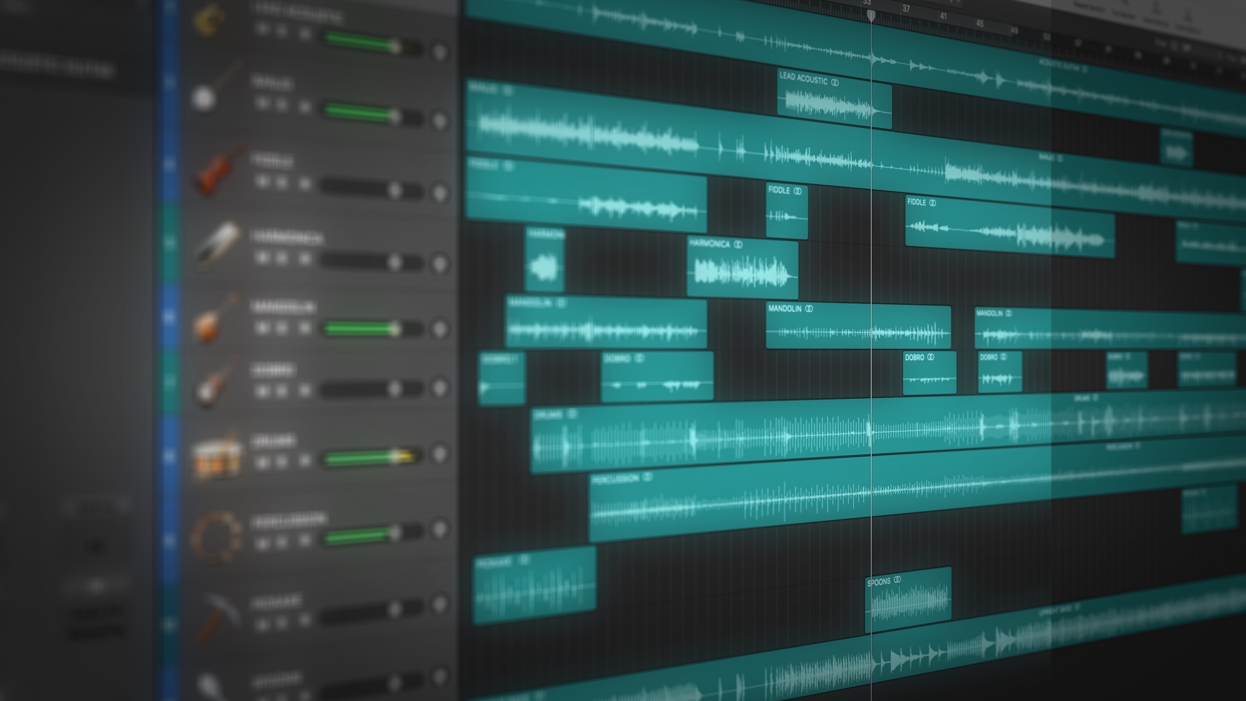 Logic Pro session showing the layered instrument recordings for the theme song