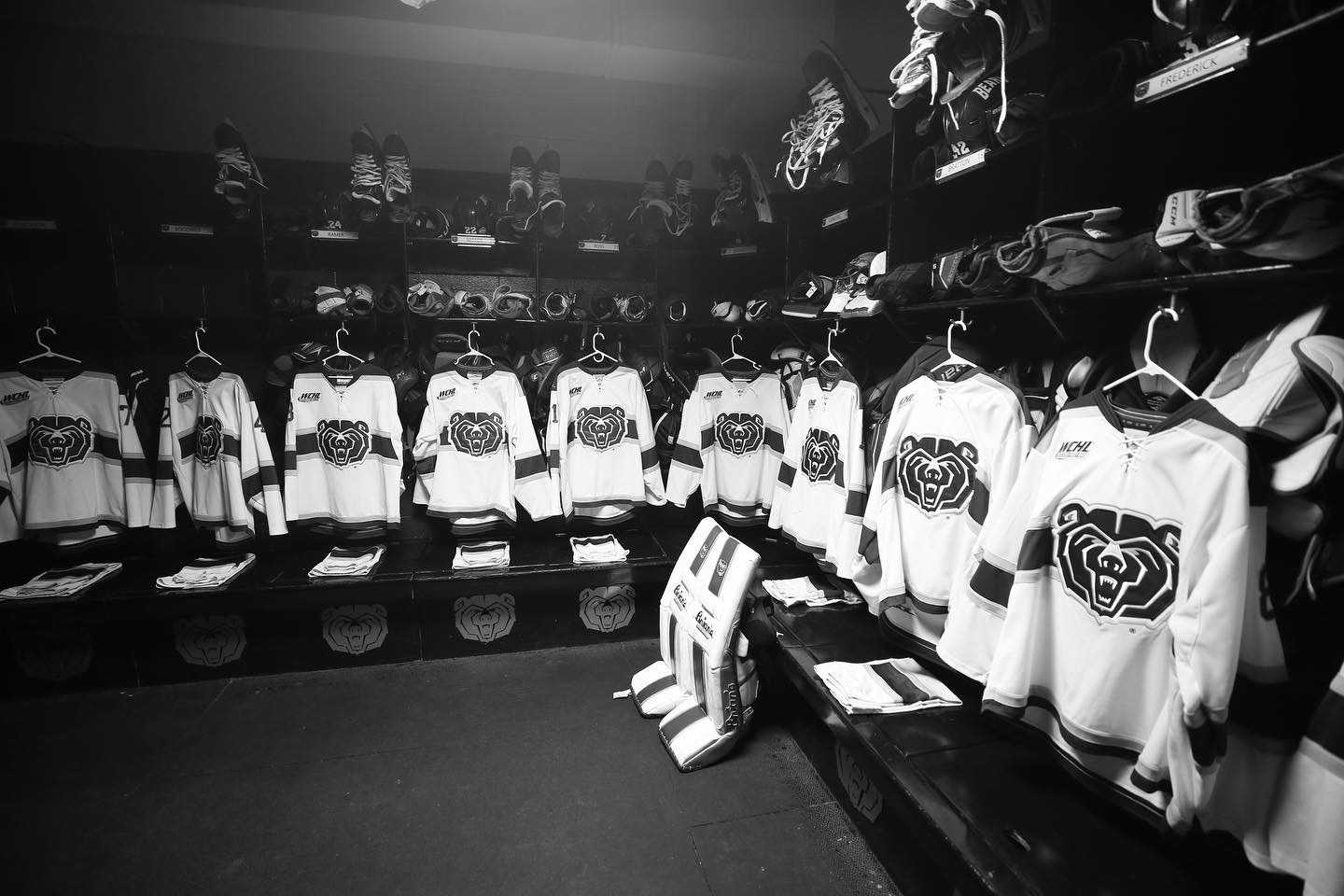Missouri State Ice Bears jerseys and gear staged in the locker room