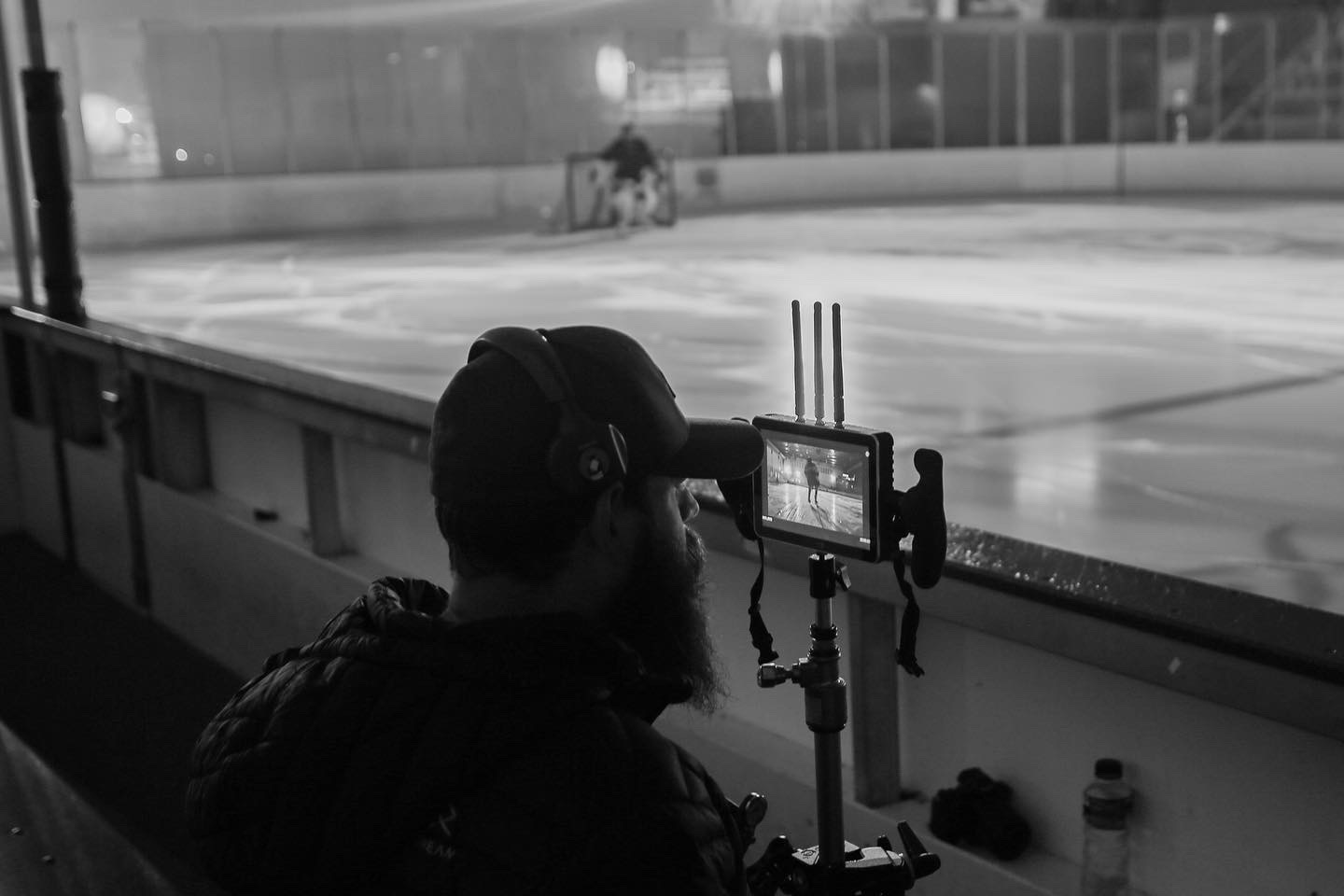 Camera monitor watching action across the ice