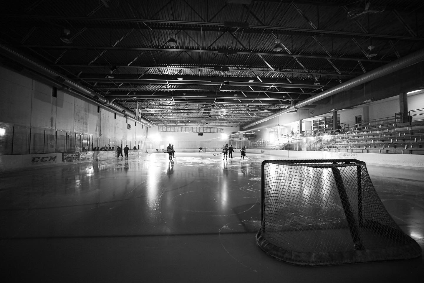 Wide black-and-white view of the Missouri State Ice Bears rink