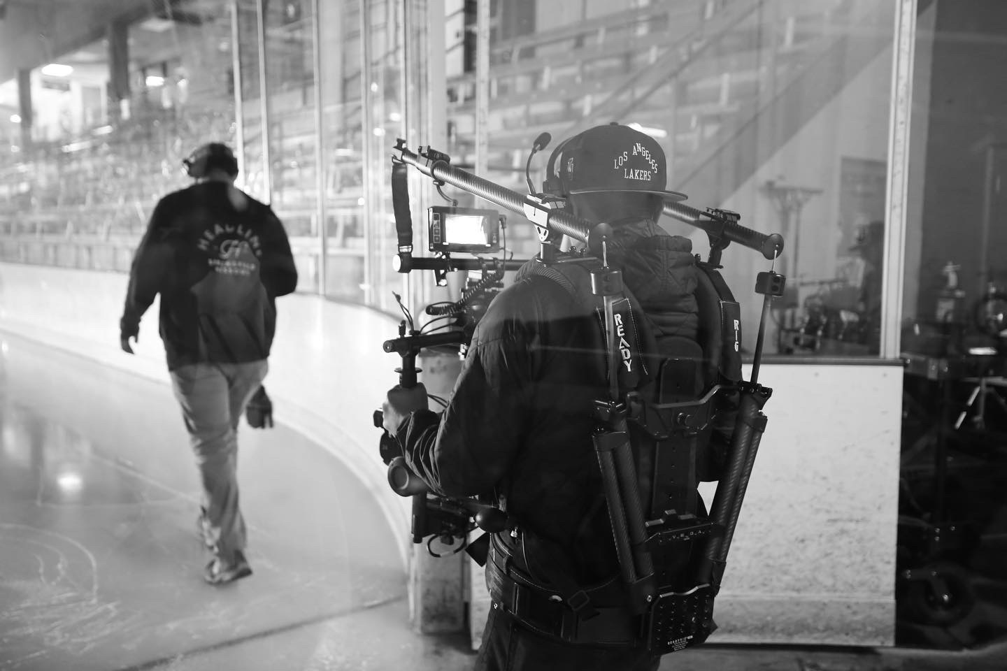 Steadicam operator following action on the rink