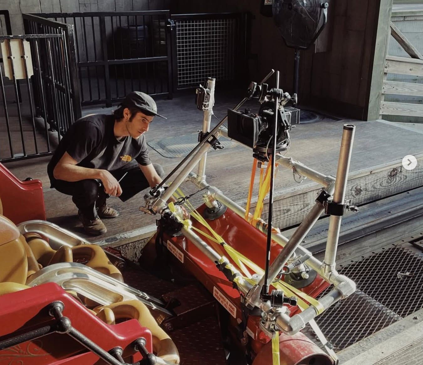 Crew rigging an onboard camera to a coaster car for the Silver Dollar City campaign