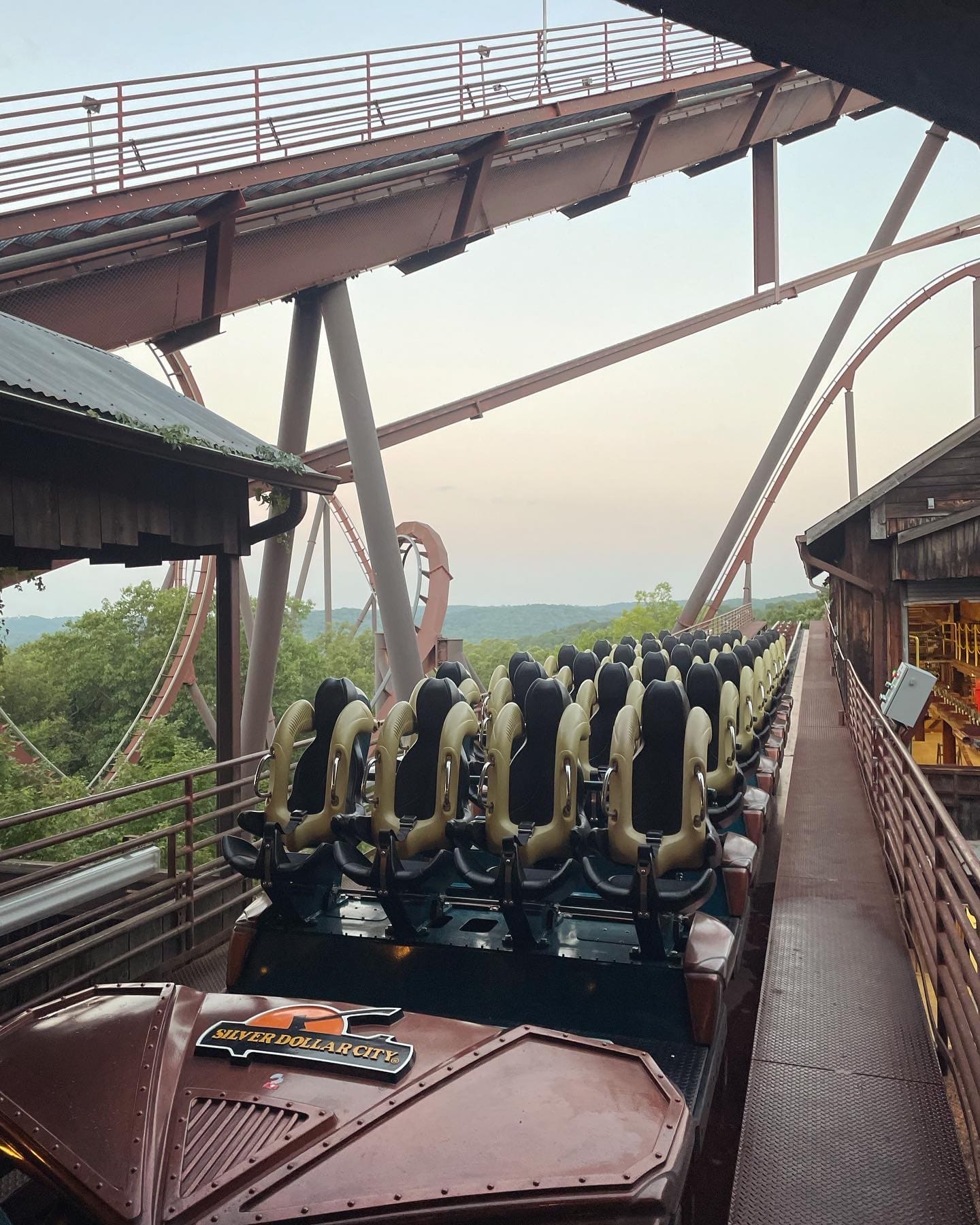 Coaster train staged in the station at Silver Dollar City