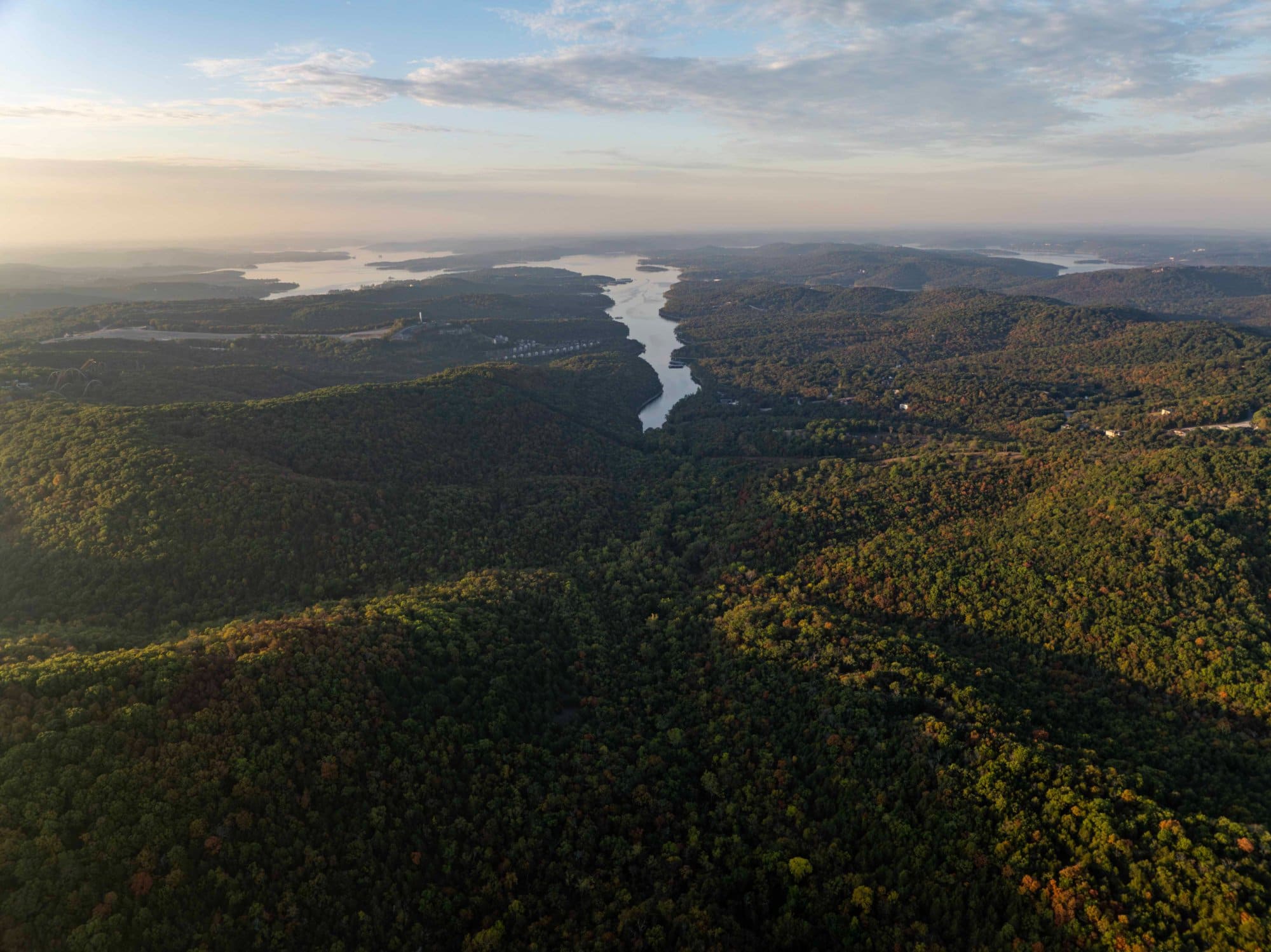 Aerial view over the Ozarks surrounding Silver Dollar City